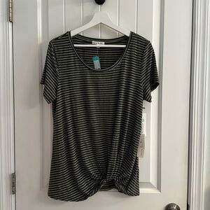 Nine Britton olive green top with small white stripes, cute tie in the front